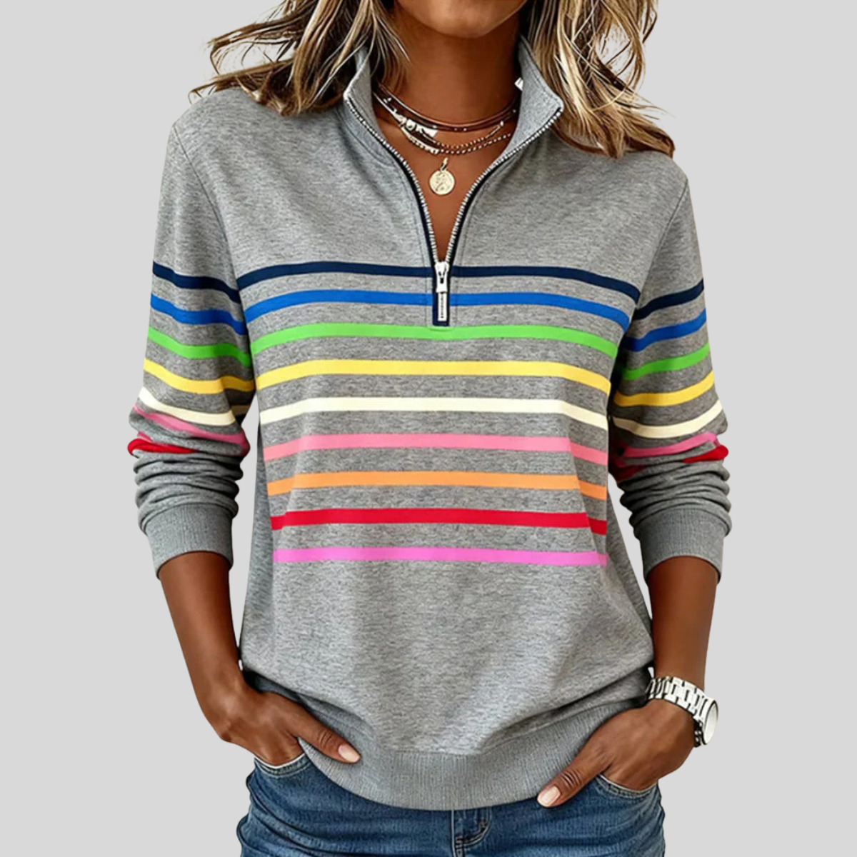 Prismette | Bunter Streifenpullover mit Quarter-Zip