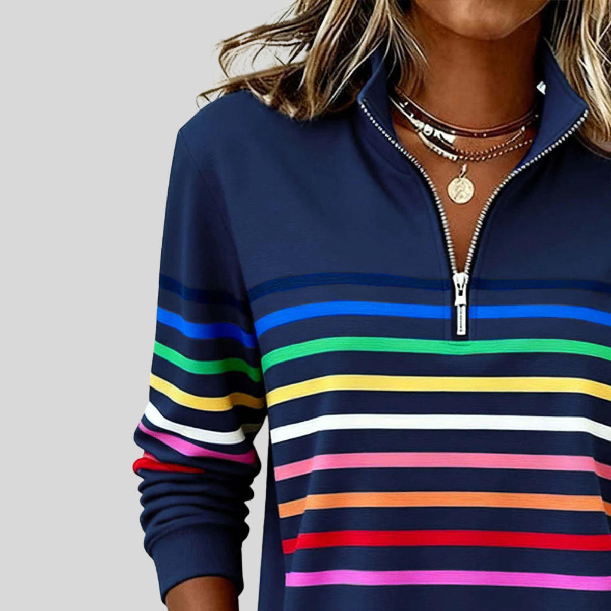 Prismette | Bunter Streifenpullover mit Quarter-Zip