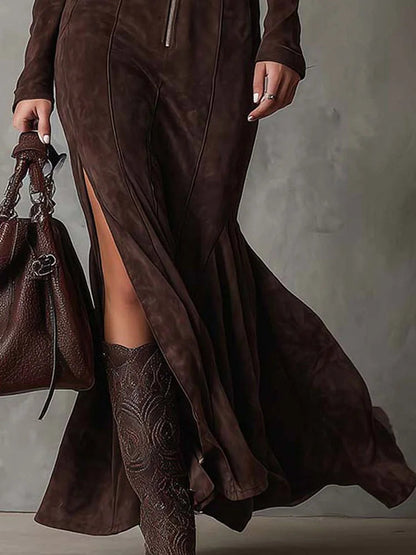 Marceline | Elegantes langes braunes Kleid mit Gürtel