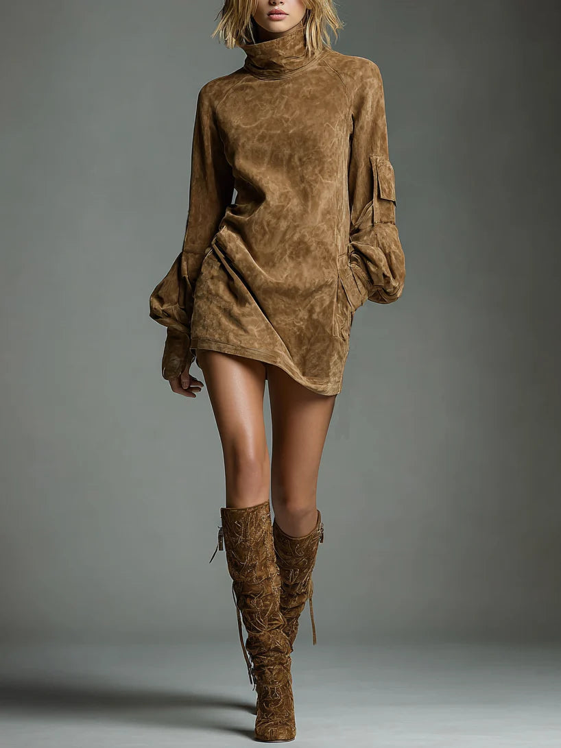Bibiane | Oversize-Minikleid aus Wildleder mit elegantem Stehkragen