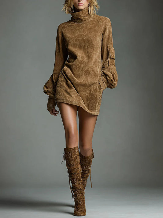 Bibiane | Oversize-Minikleid aus Wildleder mit elegantem Stehkragen